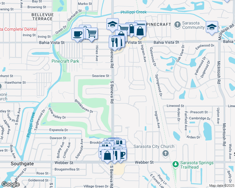 map of restaurants, bars, coffee shops, grocery stores, and more near 1853 Toucan Way in Sarasota