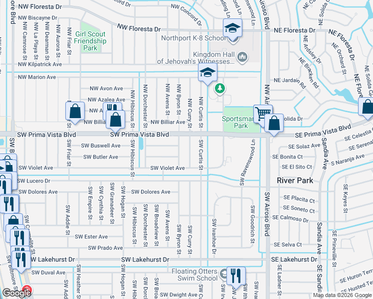 map of restaurants, bars, coffee shops, grocery stores, and more near 442 Southwest Curry Street in Port St. Lucie