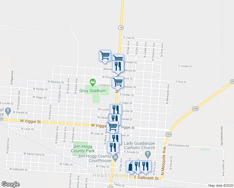 map of restaurants, bars, coffee shops, grocery stores, and more near 101 East Kohler Street in Hebbronville