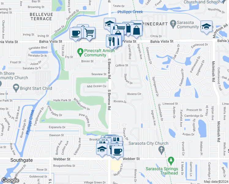 map of restaurants, bars, coffee shops, grocery stores, and more near 1853 Toucan Way in Sarasota