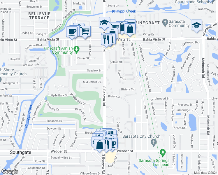 map of restaurants, bars, coffee shops, grocery stores, and more near 1853 Toucan Way in Sarasota