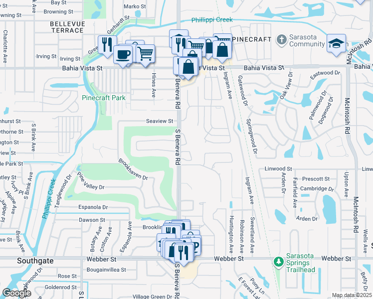 map of restaurants, bars, coffee shops, grocery stores, and more near 1853 Toucan Way in Sarasota