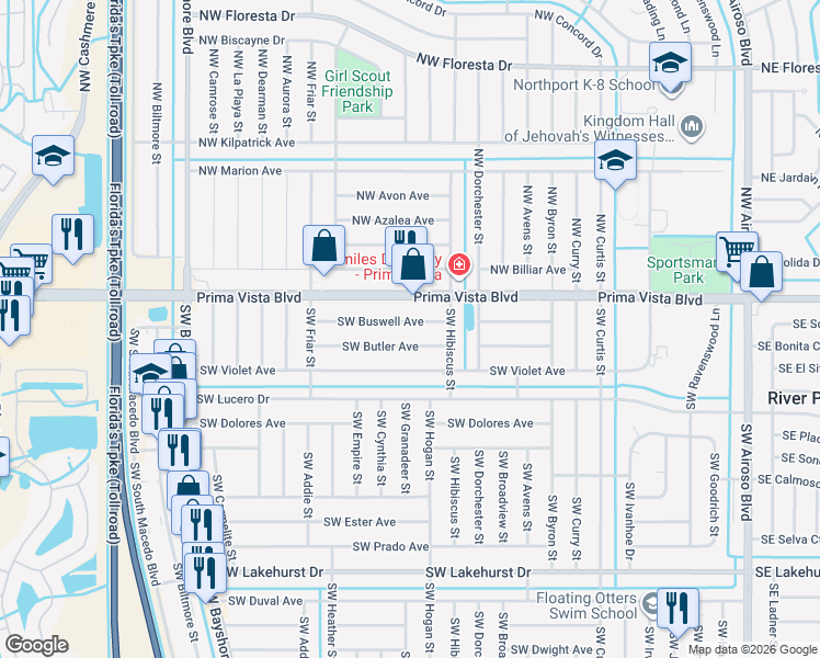 map of restaurants, bars, coffee shops, grocery stores, and more near 524 Southwest Buswell Avenue in Port St. Lucie