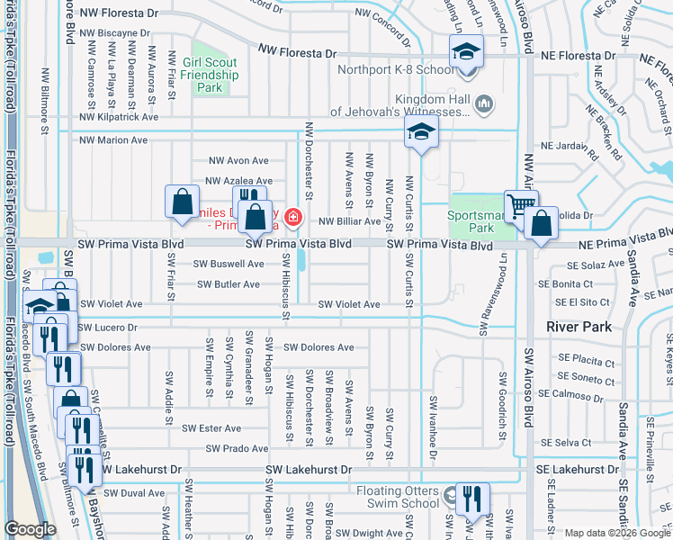map of restaurants, bars, coffee shops, grocery stores, and more near 382 Southwest Buswell Avenue in Port St. Lucie