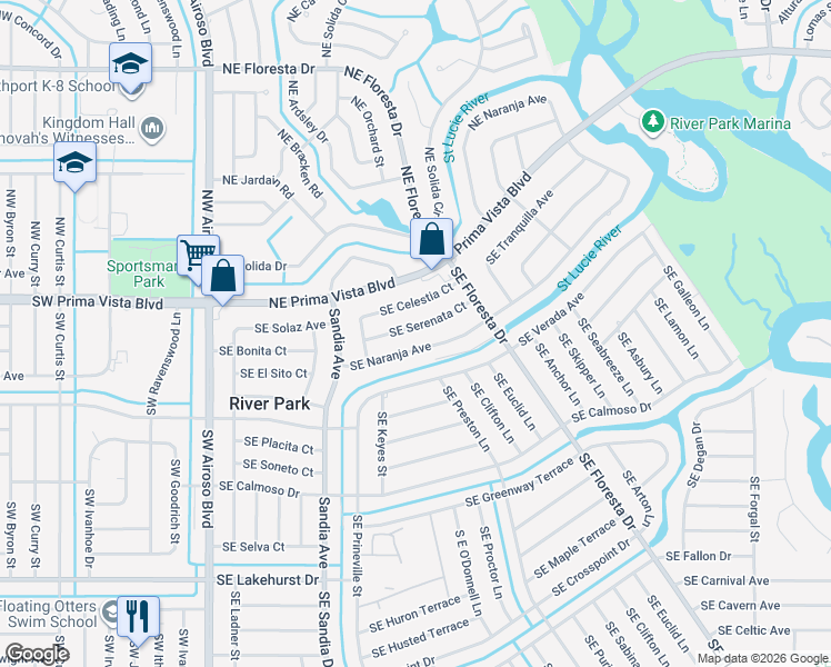 map of restaurants, bars, coffee shops, grocery stores, and more near 134 Southeast Serenata Court in Port St. Lucie