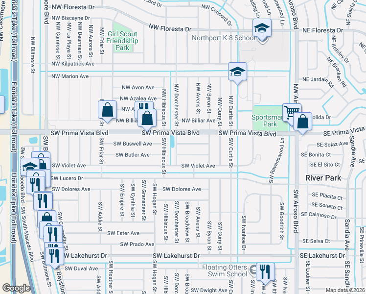 map of restaurants, bars, coffee shops, grocery stores, and more near 382 Southwest Buswell Avenue in Port St. Lucie