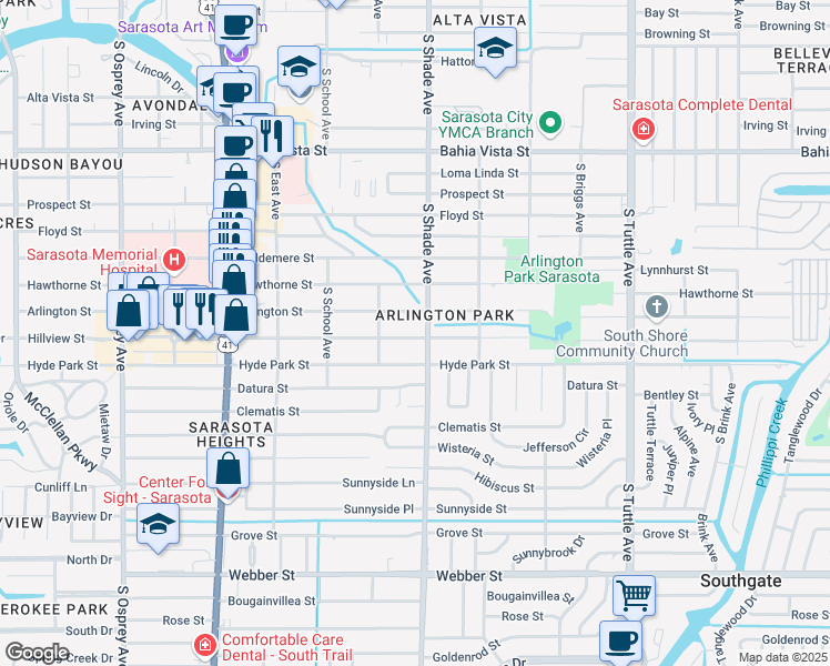 map of restaurants, bars, coffee shops, grocery stores, and more near 2375 Hillview Street in Sarasota