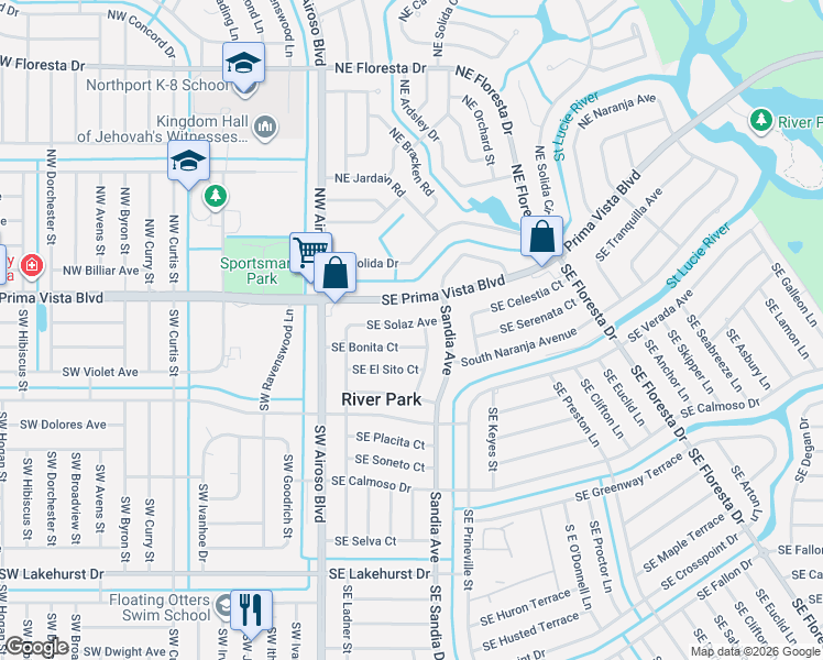 map of restaurants, bars, coffee shops, grocery stores, and more near 104 Southeast Solaz Avenue in Port St. Lucie