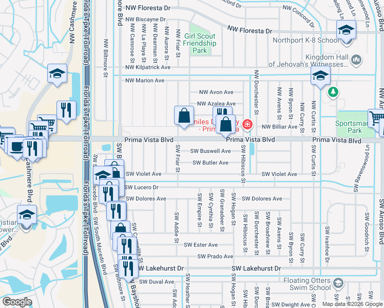 map of restaurants, bars, coffee shops, grocery stores, and more near 568 Southwest Buswell Avenue in Port St. Lucie