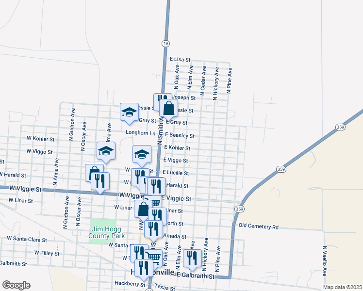 map of restaurants, bars, coffee shops, grocery stores, and more near 210 East Kohler Street in Hebbronville