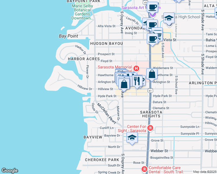 map of restaurants, bars, coffee shops, grocery stores, and more near 1691 Hillview Street in Sarasota