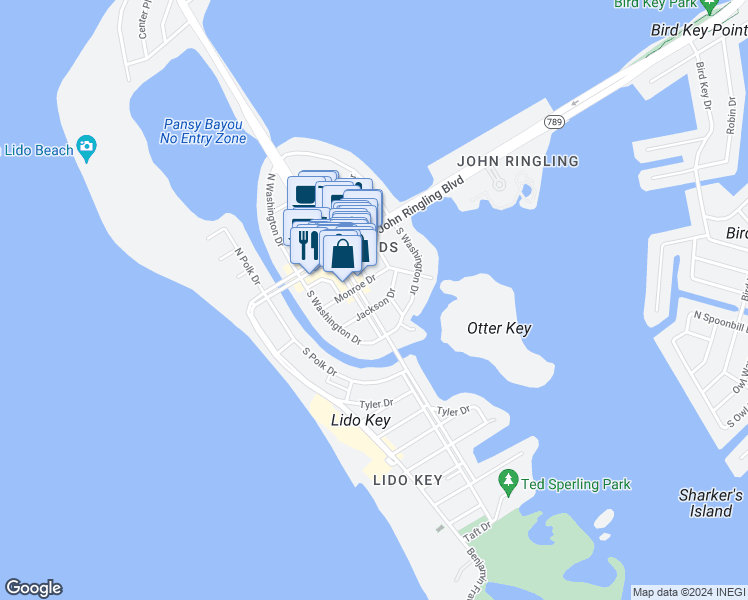map of restaurants, bars, coffee shops, grocery stores, and more near 133 S Blvd Of Presidents in Sarasota