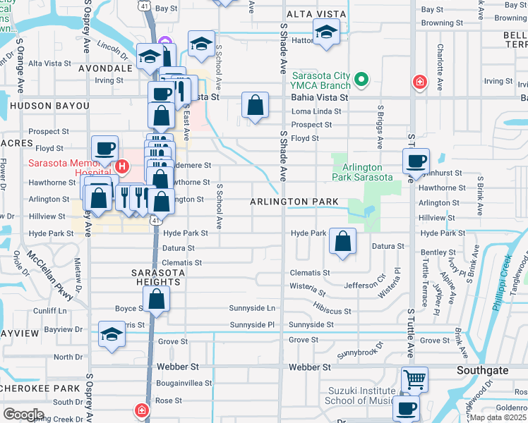 map of restaurants, bars, coffee shops, grocery stores, and more near 2375 Hillview Street in Sarasota