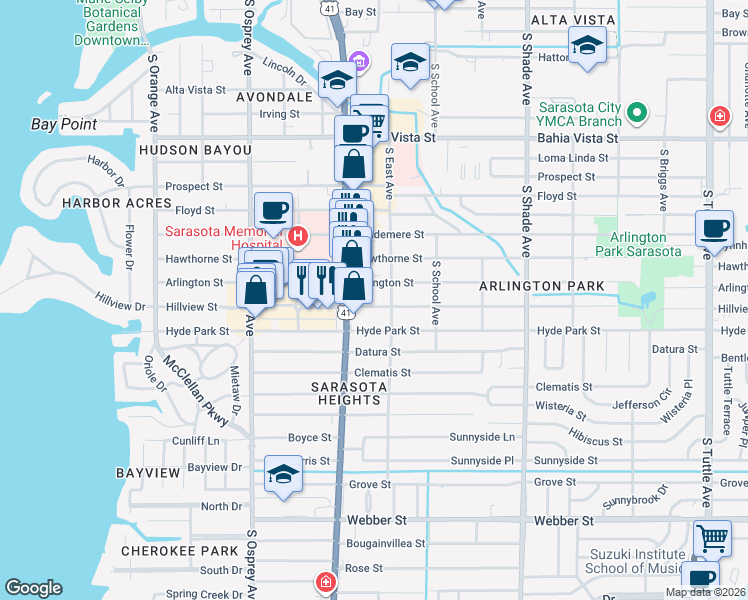 map of restaurants, bars, coffee shops, grocery stores, and more near 2059 Hillview Street in Sarasota