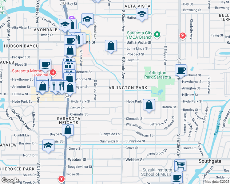 map of restaurants, bars, coffee shops, grocery stores, and more near 2375 Hillview Street in Sarasota