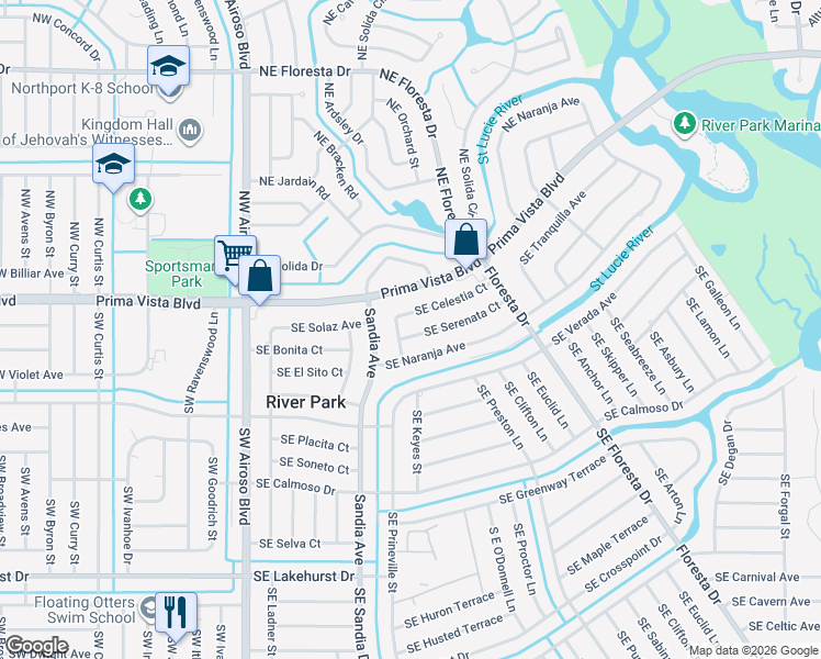 map of restaurants, bars, coffee shops, grocery stores, and more near 105 Southeast Serenata Court in Port St. Lucie