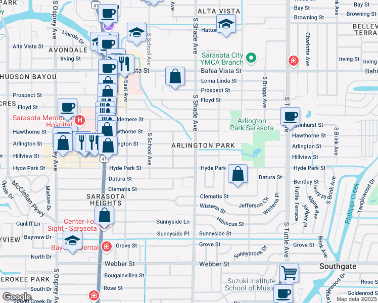 map of restaurants, bars, coffee shops, grocery stores, and more near 2375 Hillview Street in Sarasota