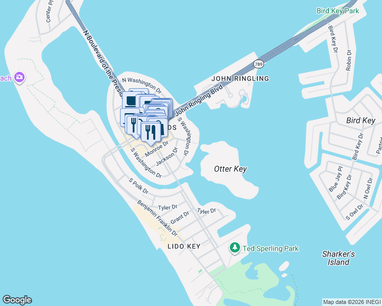 map of restaurants, bars, coffee shops, grocery stores, and more near 171 South Washington Drive in Sarasota