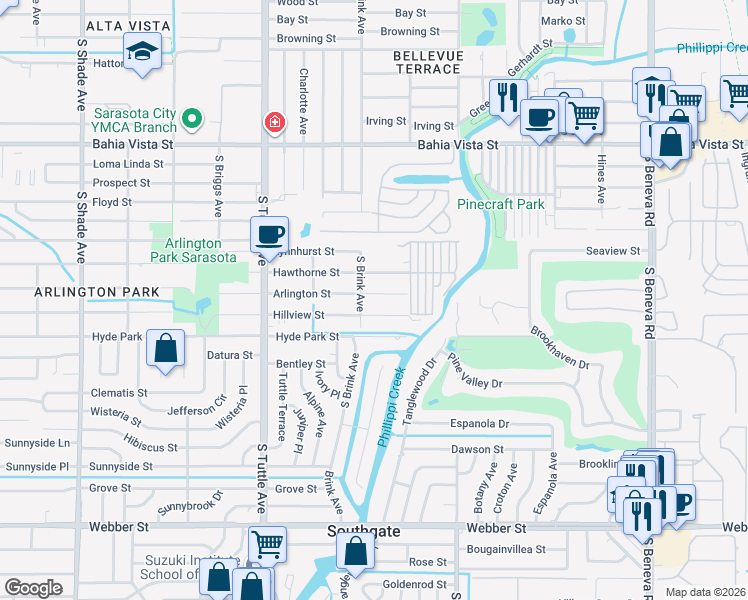 map of restaurants, bars, coffee shops, grocery stores, and more near 3017 Hillview Street in Sarasota