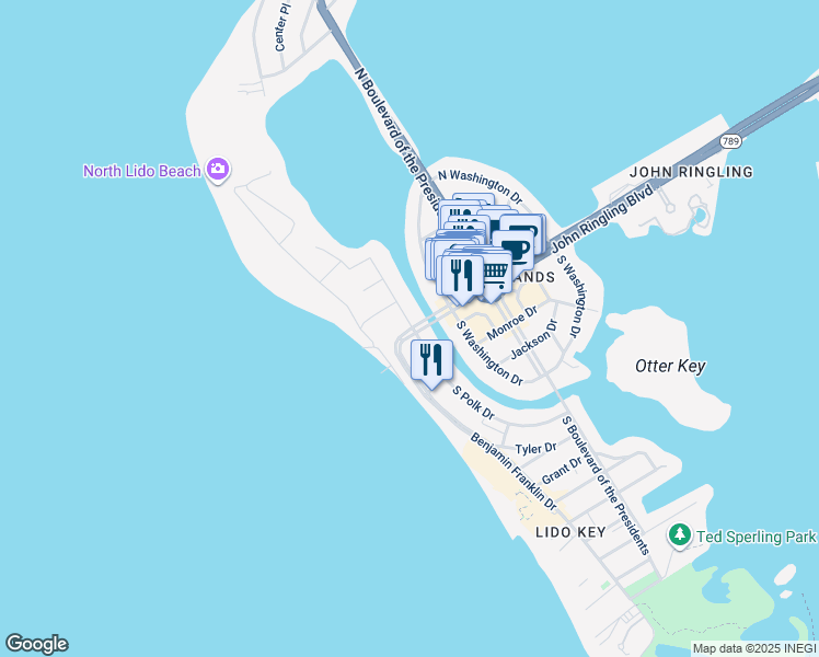 map of restaurants, bars, coffee shops, grocery stores, and more near 25 John Ringling Boulevard in Sarasota