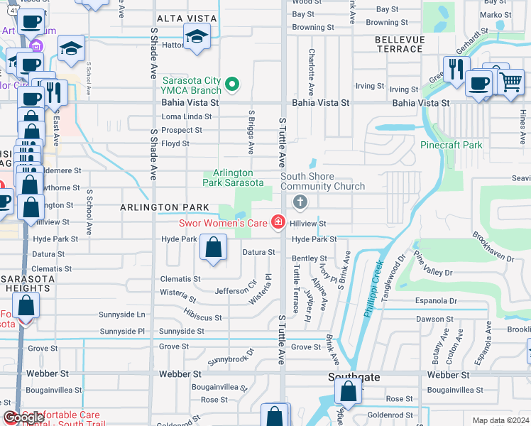 map of restaurants, bars, coffee shops, grocery stores, and more near 2737 Hillview Street in Sarasota