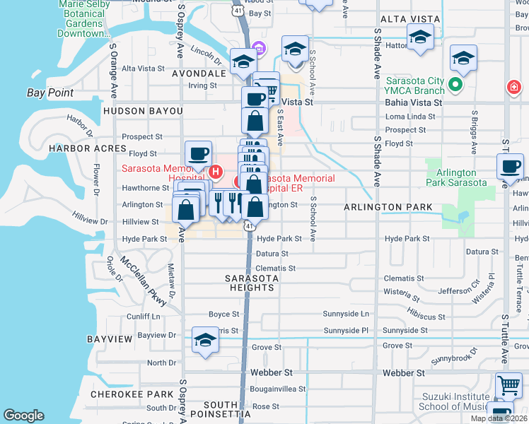 map of restaurants, bars, coffee shops, grocery stores, and more near 2040 Arlington Street in Sarasota
