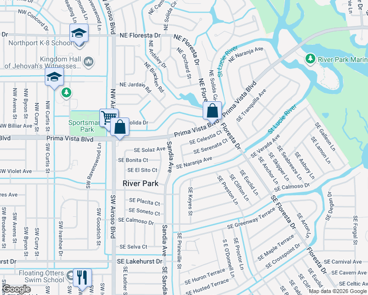 map of restaurants, bars, coffee shops, grocery stores, and more near 105 Southeast Serenata Court in Port St. Lucie