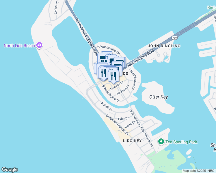 map of restaurants, bars, coffee shops, grocery stores, and more near 509 South Washington Drive in Sarasota