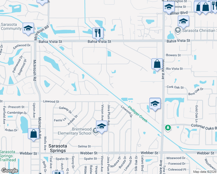 map of restaurants, bars, coffee shops, grocery stores, and more near 1704 Keely Lane in Sarasota
