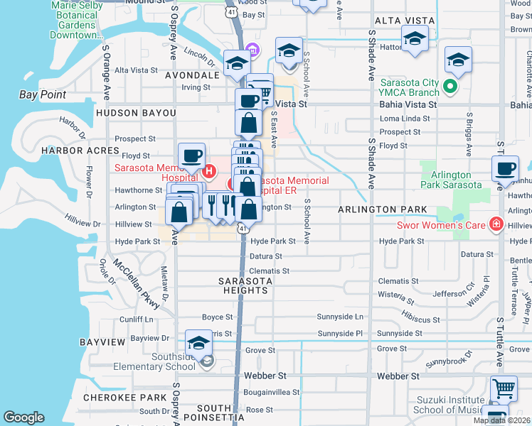 map of restaurants, bars, coffee shops, grocery stores, and more near 2059 Hillview Street in Sarasota