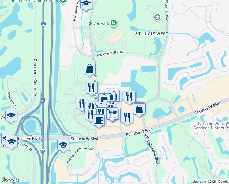 map of restaurants, bars, coffee shops, grocery stores, and more near 549 Northwest Lake Whitney Place in Port St. Lucie