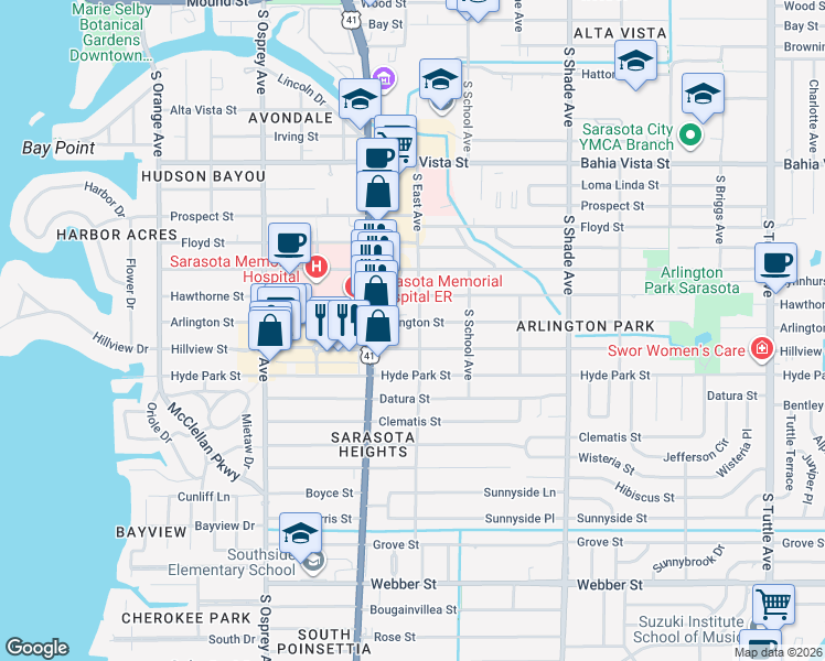 map of restaurants, bars, coffee shops, grocery stores, and more near 2086 Arlington Street in Sarasota