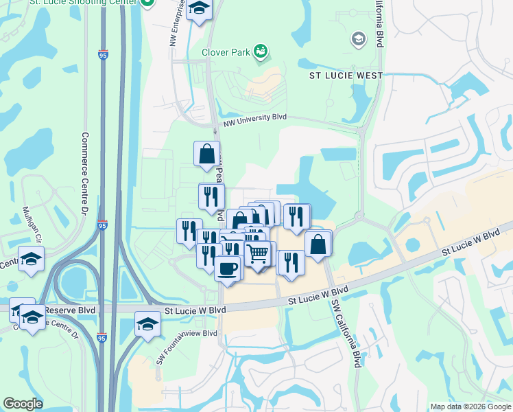 map of restaurants, bars, coffee shops, grocery stores, and more near 549 Northwest Lake Whitney Place in Port St. Lucie
