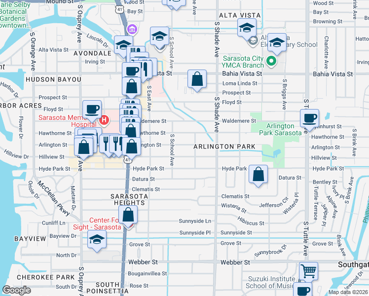 map of restaurants, bars, coffee shops, grocery stores, and more near 2299 Hillview Street in Sarasota