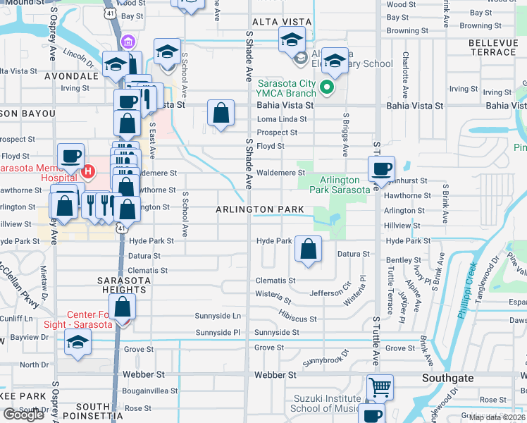 map of restaurants, bars, coffee shops, grocery stores, and more near 2439 Hillview Street in Sarasota