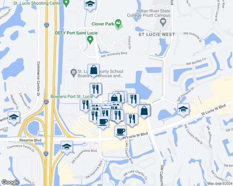 map of restaurants, bars, coffee shops, grocery stores, and more near 549 Northwest Lake Whitney Place in Port St. Lucie