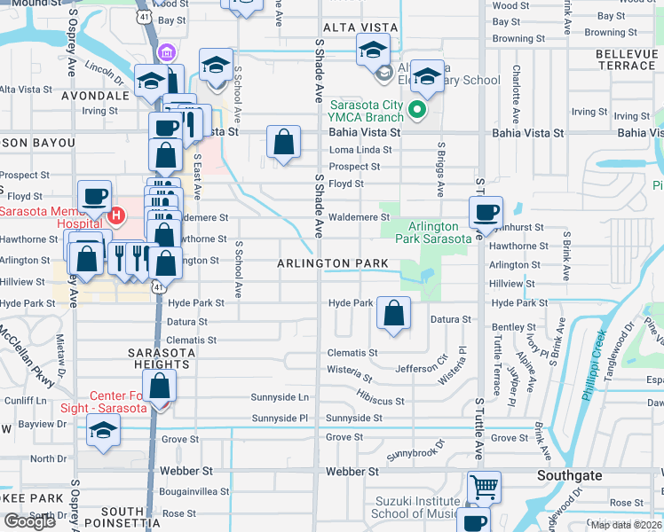map of restaurants, bars, coffee shops, grocery stores, and more near 2439 Hillview Street in Sarasota