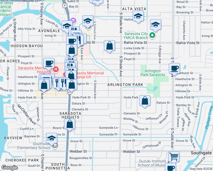 map of restaurants, bars, coffee shops, grocery stores, and more near 2299 Hillview Street in Sarasota