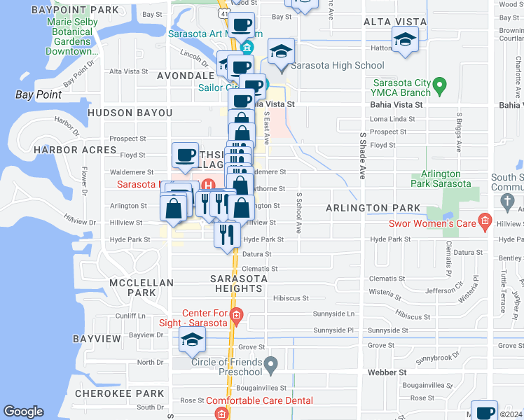 map of restaurants, bars, coffee shops, grocery stores, and more near 2059 Hillview Street in Sarasota