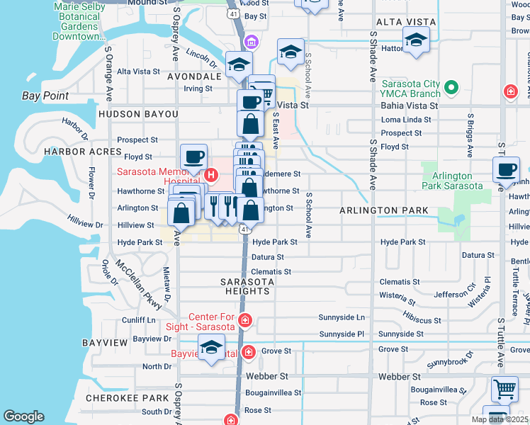 map of restaurants, bars, coffee shops, grocery stores, and more near 2059 Hillview Street in Sarasota