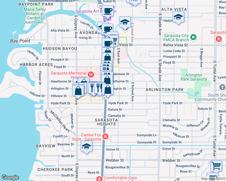 map of restaurants, bars, coffee shops, grocery stores, and more near 2059 Hillview Street in Sarasota