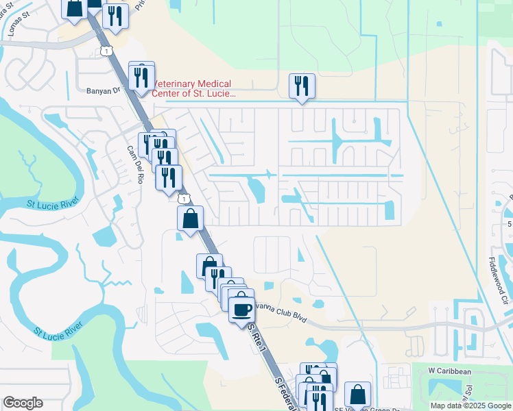 map of restaurants, bars, coffee shops, grocery stores, and more near 17 Espanola Lane in Port St. Lucie