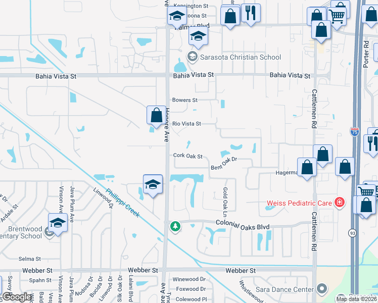 map of restaurants, bars, coffee shops, grocery stores, and more near 1725 Honore Avenue in Sarasota