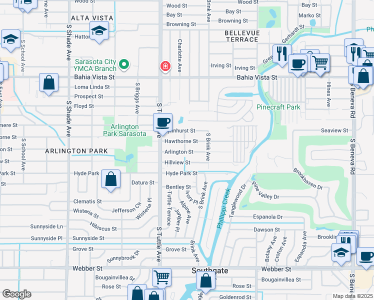 map of restaurants, bars, coffee shops, grocery stores, and more near 2903 Hawthorne Street in Sarasota