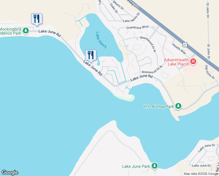 map of restaurants, bars, coffee shops, grocery stores, and more near 404 Lake June Rd in Lake Placid