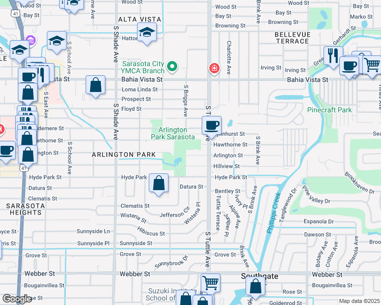 map of restaurants, bars, coffee shops, grocery stores, and more near 2718 Lynnhurst Street in Sarasota
