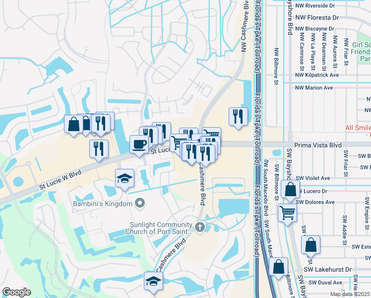 map of restaurants, bars, coffee shops, grocery stores, and more near 908 Saint Lucie West Boulevard in Port St. Lucie