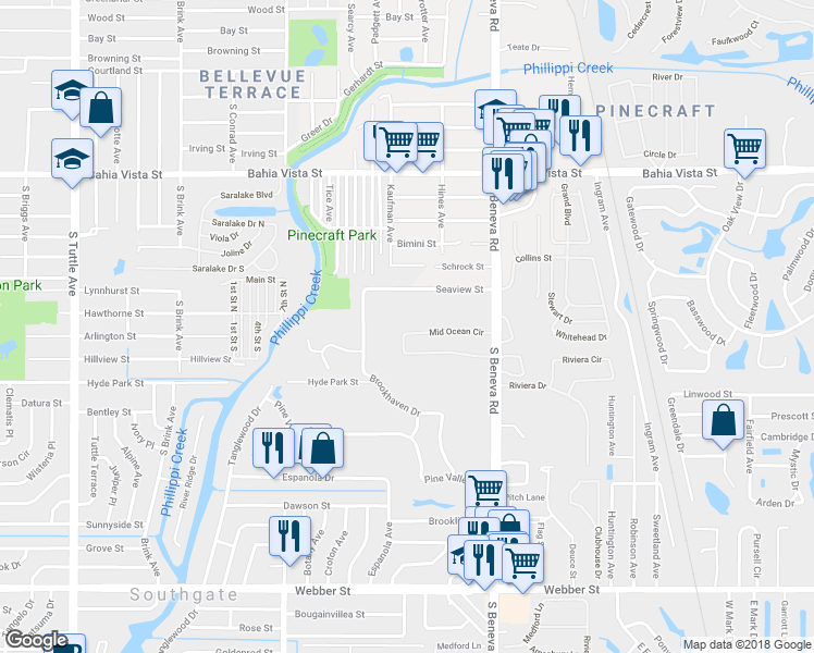 map of restaurants, bars, coffee shops, grocery stores, and more near 1876 Mid Ocean Circle in Sarasota