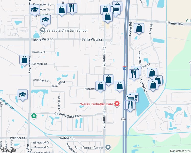 map of restaurants, bars, coffee shops, grocery stores, and more near 5841 Old Summerwood Boulevard in Sarasota