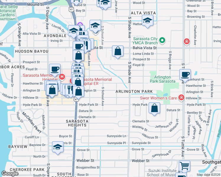 map of restaurants, bars, coffee shops, grocery stores, and more near 2290 Hawthorne Street in Sarasota